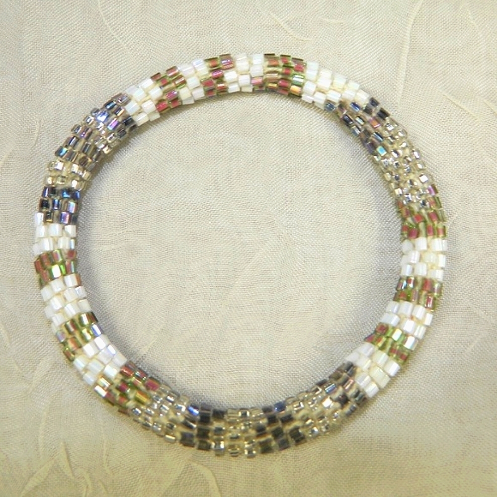 Vintage Loom-Woven Seed Bead Artisan Bracelet Silver White Black Boho Cuff